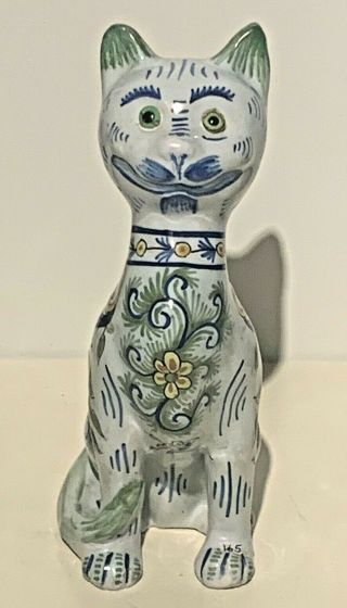 Antique French Faience Pottery Cat Figurine Circa 19th C Glass Eyes.