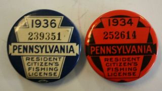 1934 & 1936 Pa Resident Fishing License - Pinback Button Pennsylvania