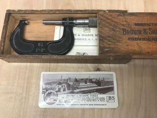 Vintage Brown & Sharpe 61 Micrometer Caliper 1 " - 2 " In Wood Box