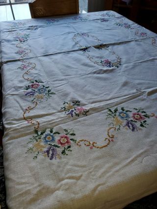 Vintage 60 X 50 Hand - Embroidered Multi - Colored Cross - Stitched Floral Tablecloth