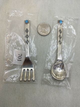 Vintage Navajo Native American Sterling Silver Blue Turquoise Baby Spoon & Fork