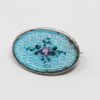 Vintage Sterling Silver Enamel Guilloche Flower Pin / Brooch