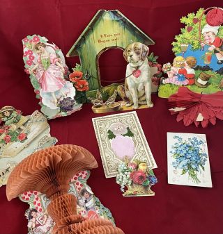 7 Antique/vintage Valentine’s Cards Honeycombs,  Foldouts,  Dogs,  Hearts,  Need Tlc