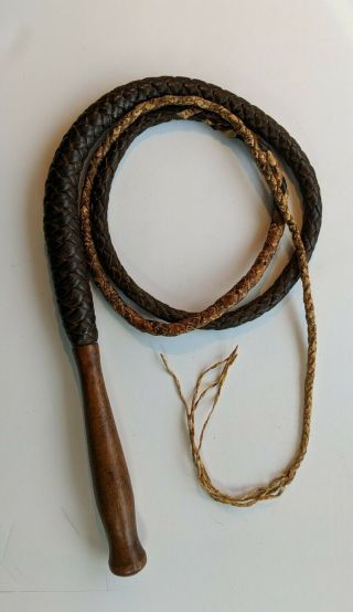 Vintage Braided Rawhide Leather Bull Whip Wood Handle 6 Ft 6 Inches Pre - Owned