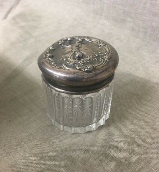 Antique Art Noveau Cut Crystal Dresser Jar With Sterling Silver Repousse Top