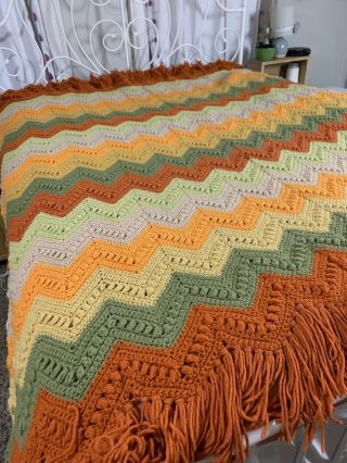 Vintage 70s Handmade Afghan Crochet Throw Or Lap Blanket Chevron Stripe 80 X 70