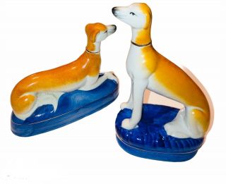 Vintage Figurines 2 Whippet/greyhound Dogs Standing Laying Position Gold Collar