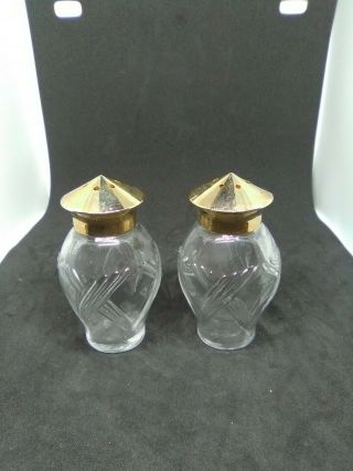 Vintage Salt And Pepper Shakers Clear Glass With Brass Tops