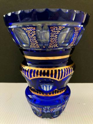 Moser Bohemian Antique Vase Cut Clear Cobalt Blue With Hand Painted Gold Design
