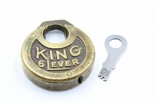 Antique Brass King 6 Lever Pancake Push Padlock W/ Key Unpolished Patina 10594