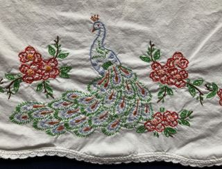 Vintage Linen Pillowcase Set Of 2 Hand Embroidered Peacock Crochet Lace Standard
