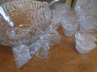 Vintage Glass Punch Bowl - 16 Cups,  Ladle And Hooks