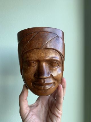 Vintage Wood Mug Hand Carved Monkey Pod Islander African Tiki Pencil Pen Holder 2