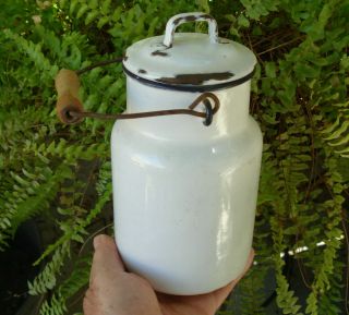Antique/vintage Old,  Rustic Enamel Milk Pail With Wire Metal And Wood Handle