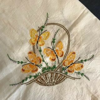 VINTAGE HAND EMBROIDERY FLOWER BASKET Butterfly SQUARE BRIDGE TABLECLOTH 2