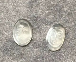 2 Tiny Carved Antique Moonfaces Ceylon Blue Moonstone 5/3mm 5