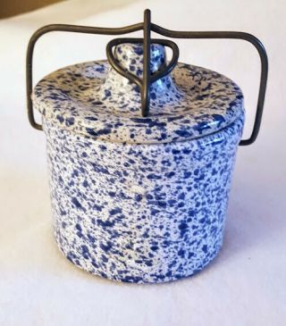 Vintage Blue Speckled Stoneware Cheese Crock With Wire Bail Lid Closure