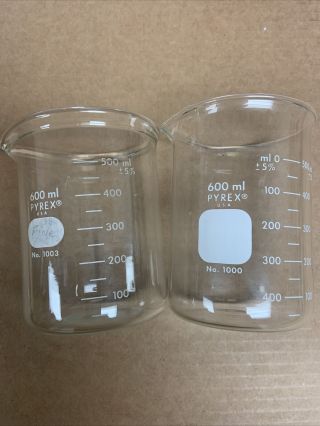 Two Vintage Pyrex 600 Ml Beakers,  No.  1000 And No.  1003
