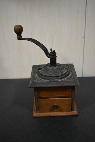 Antique Wood & Cast Iron Coffee Grinder 10.  5 " Tall Dovetail Construction