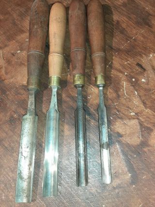 (4) Antique Buck Brothers Gouge Chisel Wood Carving Wood Handled Set Woodworking
