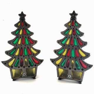 Set Of 2 1970s Stained Glass Cast Iron Votive Candle Holders Christmas Trees Vtg