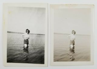 Vintage Snapshot Photos Woman Wading In Water Shopping List Caption