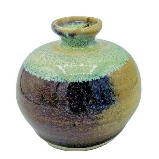 Vtg Studio Art Pottery Bud Vase Artist Signed Green Brown Purple Blue Handmade