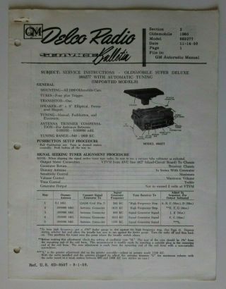 Gm Delco Car Radio Service Bulletin Brochure Model 989277 Oldsmobile 1960