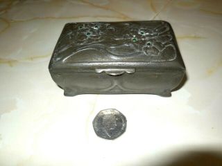 Rare.  Arts & Crafts,  Nouveau Jewellery Box With Hammered Pewter Overlay & Stones