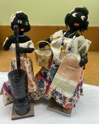 Pair Vintage Primitive Black Folk Art Americana Felt Dolls Handmade 1954