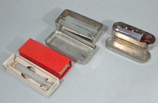 3 Big Vintage Medical Syringes In Metal Cases & Box Antique Doctor Instrument