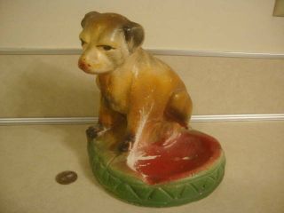 Vintage Chalkware Chalk Ashtray Brown Dog Nipper Look Cute Carnival Collectible