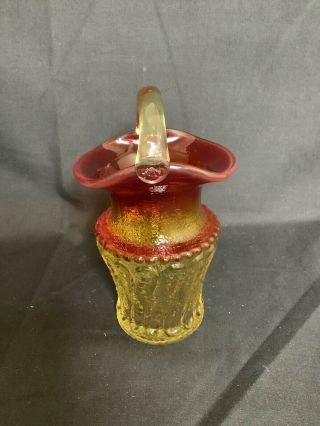 Vintage Amberina Red Yellow Art Blown Glass Small 5 1/4” Basket