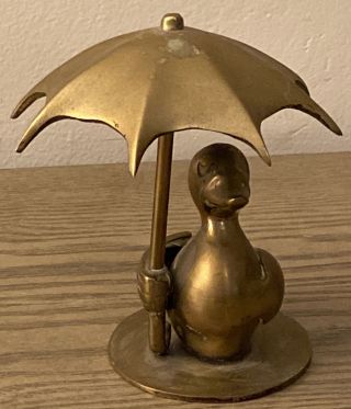 Vintage Solid Brass Duck W/ Umbrella Figurine 5” High X 4” Wide