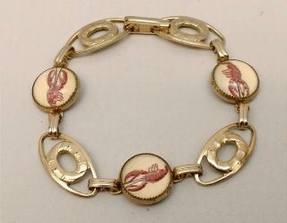 Vintage Gold Tone Souvenir Reverse Intaglio Lobster Bracelet Maine Cape Cod Sea