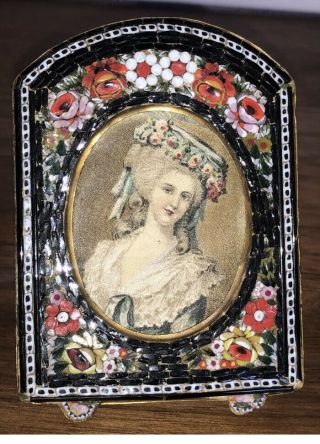 Antique Micro Mosaic Frame With Fabric Image Of A Lady