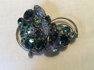 Vintage Weiss Silver Tone And Blue Rhinestone Brooch.  Signed