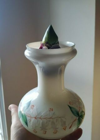 Antique Milk Glass Bulb Vase Hand Painted White Floral