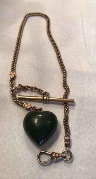 Antique Victorian Rose Gold Filled Simmons Watch Chain And Heart Shaped Jade Fob