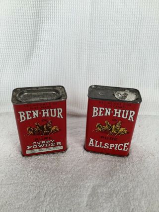 Two (2) Vintage Ben Hur Spice Tins,  Curry Powder & Allspice - 2 Ounces