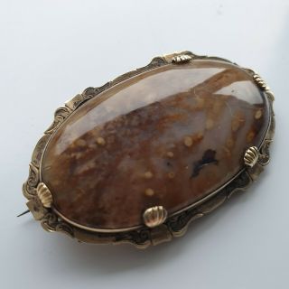 Antique Victorian Scottish Large Semi Precious Stone Agate Ornate Brooch Gold