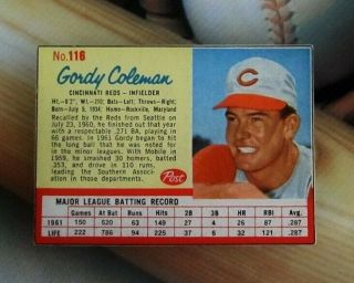 1962 Gordy Coleman Post Cereal Cincinnati Reds Baseball Card 116 Sp Scarce