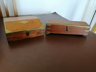 Vintage Wooden Pen Box With Brass Latch And Trim And Concealed Drawer. ,  One Other