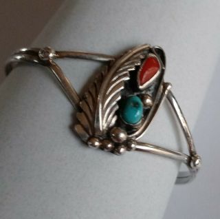 Vintage Sterling Silver Turquoise Coral Navajo Cuff Bracelet Small Child 
