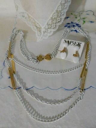 Vintage Napier White/gold Beaded Clip Back Earrings & White/gold Chain Necklace