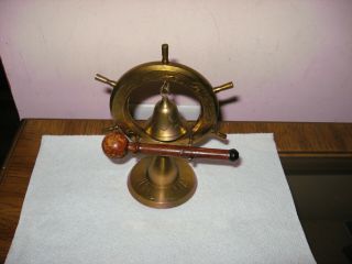 Vtg.  Nautical Brass Ship Wheel Bell Gong Made In India With Wooden Mallet - Pics
