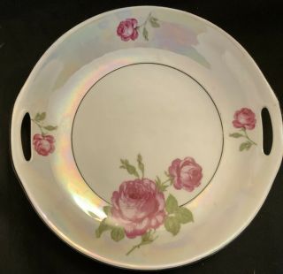 Vintage Made In Bavaria Two Handled Cake Plate Iridescent Pink Roses