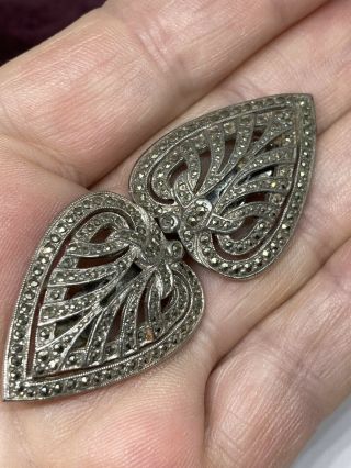 Antique Art Deco 1920s Heart Shaped Silver Metal Marcasite Duette Clips Brooch