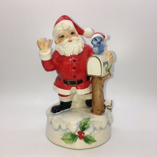 Josef Originals Santa With Mailbox Bluebird Music Box White Christmas Vintage