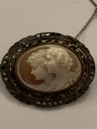 Antique Silver & Gilt Metal Carved Shell Cameo Brooch With Marcasite